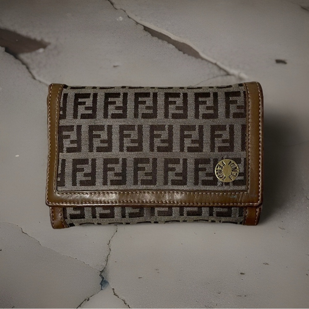 RARE Vintage Fendi Zucchino Bifold Tan Brown Canvas Leather Wallet Card Coin